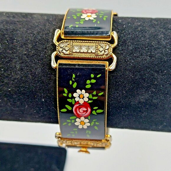 Vintage Jewelry - Vintage Hand Painted Floral Panel Bracelet Gold Tone Damascene Made in Spain